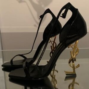 Opyum YSL Logo-Heel Sandals with Gold Hardware